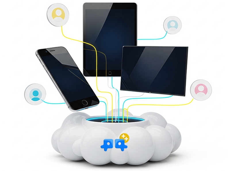 Illustration of multiple digital devices connected through a cloud-based hub, representing centralized data and monetization flow.