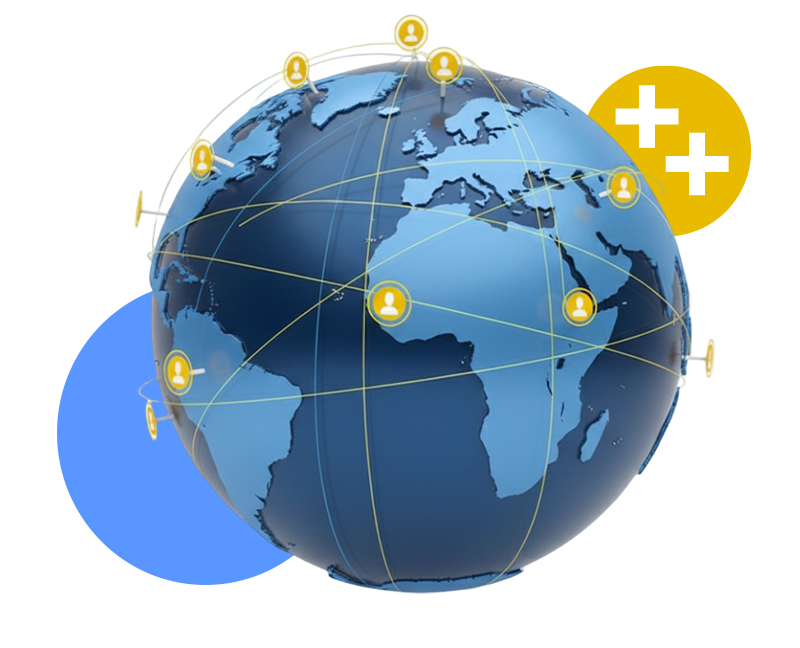 Illustration of a digital globe with connected user icons, representing a global cloud network and distributed digital connectivity.