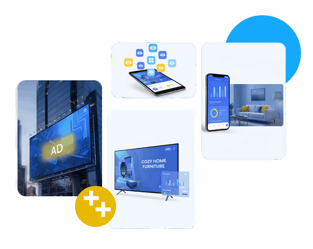 Illustration showing digital ad placement across multiple screens and devices, including mobile, TV, and outdoor displays.