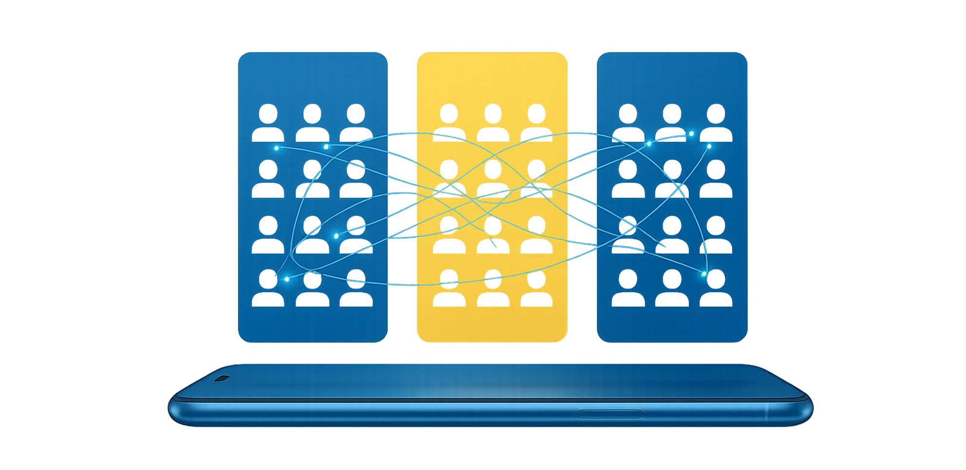Illustration of segmented digital audiences connected across multiple data layers on a mobile platform.