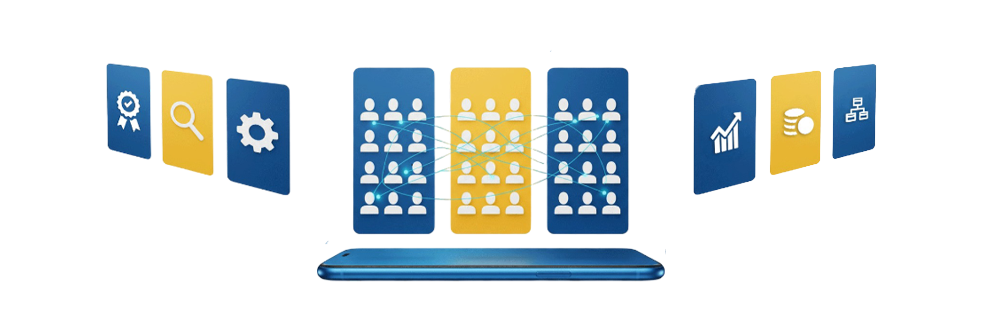 Illustration showing audience segmentation on a mobile platform connected with analytics, optimization, and performance data layers.