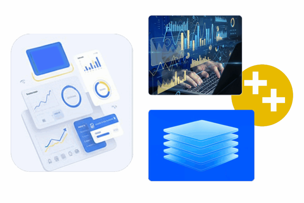 Illustration representing publisher analytics, data insights, and layered data infrastructure.