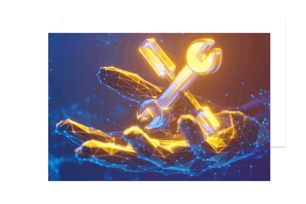 Abstract illustration of a glowing wrench and screwdriver resting on a digital hand, symbolizing technical support, maintenance, and system assistance in a technology platform.